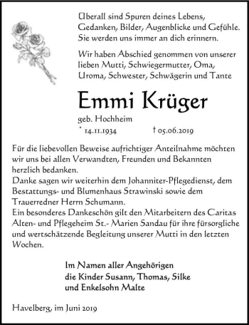 Traueranzeige von Emmi Krüger (geb. Hochheim)  von Magdeburger Volksstimme