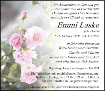 Traueranzeige von Emmi Laske (geb. Dolcke)  von Magdeburger Volksstimme