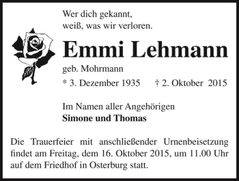 Traueranzeige von Emmi Lehmann (geb. Mohrmann)  von Magdeburger Volksstimme