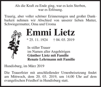 Traueranzeige von Emmi Lietz  von Magdeburger Volksstimme