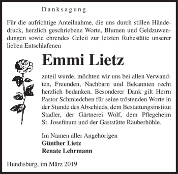 Traueranzeige von Emmi Lietz  von Magdeburger Volksstimme