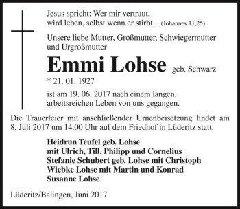 Traueranzeige von Emmi Lohse (geb. Schwarz)  von Magdeburger Volksstimme