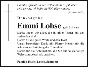 Traueranzeige von Emmi Lohse (geb. Schwarz)  von Magdeburger Volksstimme