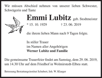 Traueranzeige von Emmi Lubitz (geb. Stodtmeister)  von Magdeburger Volksstimme