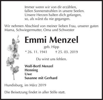 Traueranzeige von Emmi Menzel (geb. Hipp)  von Magdeburger Volksstimme