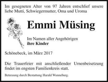 Traueranzeige von Emmi Müsing  von Magdeburger Volksstimme