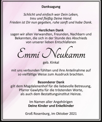 Traueranzeige von Emmi Neukamm (geb. Kinkal)  von Magdeburger Volksstimme