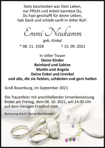 Traueranzeige von Emmi Neukamm (geb. Kinkal)  von Magdeburger Volksstimme