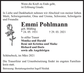Traueranzeige von Emmi Pohlmann (geb. Bläßing)  von Magdeburger Volksstimme