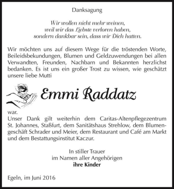 Traueranzeige von Emmi Raddatz  von Magdeburger Volksstimme