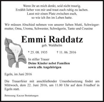 Traueranzeige von Emmi Raddatz (geb. Waldhelm)  von Magdeburger Volksstimme