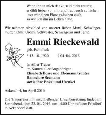 Traueranzeige von Emmi Rieckewald (geb. Fahldieck)  von Magdeburger Volksstimme