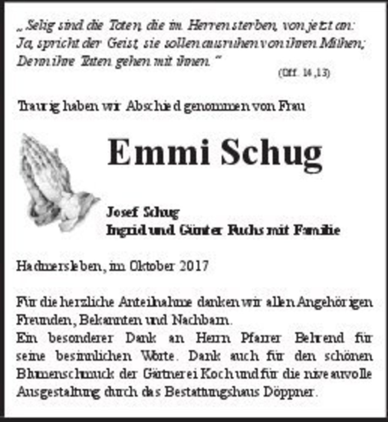  Traueranzeige für Emmi Schug  vom 23.10.2017 aus Magdeburger Volksstimme