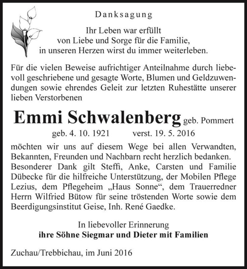  Traueranzeige für Emmi Schwalenberg (geb. Pommert)  vom 08.06.2016 aus Magdeburger Volksstimme
