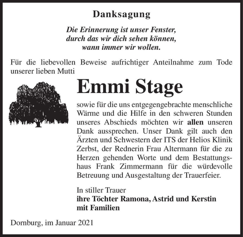  Traueranzeige für Emmi Stage  vom 09.01.2021 aus Magdeburger Volksstimme