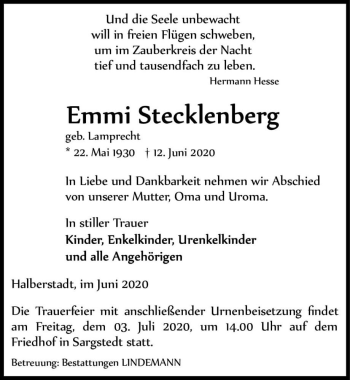 Traueranzeige von Emmi Stecklenberg (geb. Lamprecht)  von Magdeburger Volksstimme