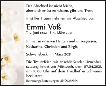 Traueranzeige von Emmi Voß  von Magdeburger Volksstimme