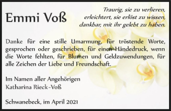 Traueranzeige von Emmi Voß  von Magdeburger Volksstimme