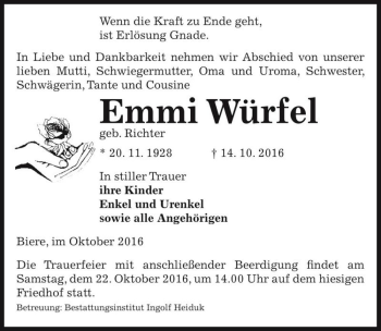 Traueranzeige von Emmi Würfel (geb. Richter)  von Magdeburger Volksstimme