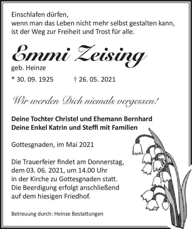  Traueranzeige für Emmi Zeising (geb. Heinze)  vom 29.05.2021 aus Magdeburger Volksstimme