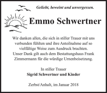 Traueranzeige von Emmo Schwertner  von Magdeburger Volksstimme
