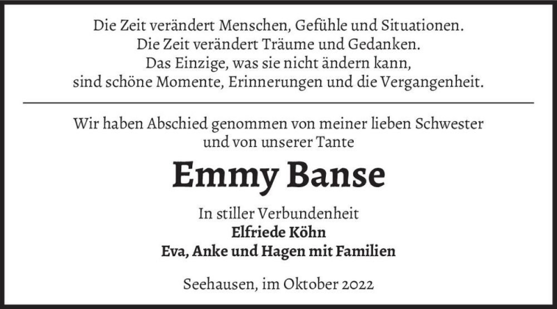  Traueranzeige für Emmy Banse  vom 20.10.2022 aus Magdeburger Volksstimme