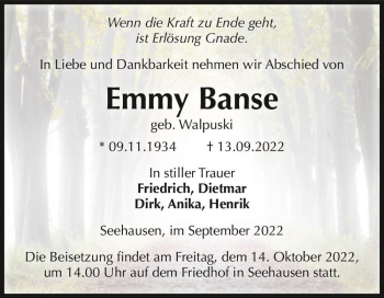 Traueranzeige von Emmy Banse (geb. Walpuski)  von Magdeburger Volksstimme