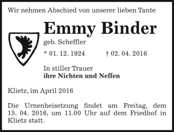 Traueranzeige von Emmy Binder (geb. Scheffler)  von Magdeburger Volksstimme