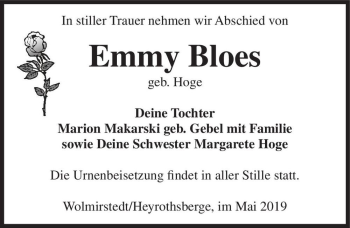 Traueranzeige von Emmy Bloes (geb. Hoge)  von Magdeburger Volksstimme