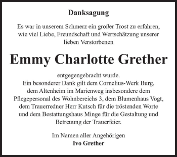 Traueranzeige von Emmy Charlotte Grether  von Magdeburger Volksstimme