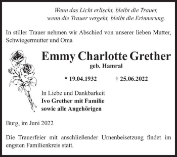 Traueranzeige von Emmy Charlotte Grether (geb. Hamral)  von Magdeburger Volksstimme