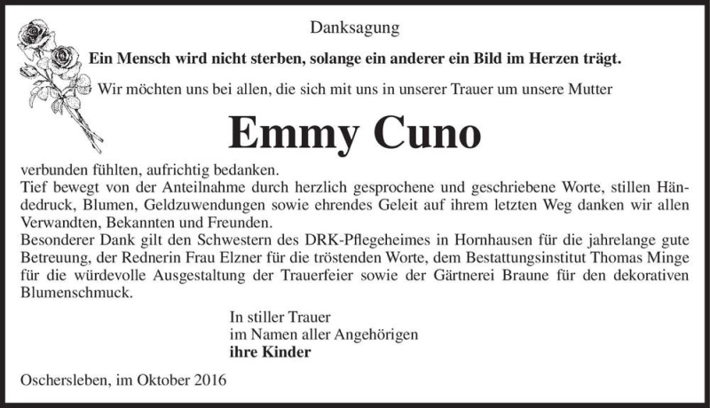  Traueranzeige für Emmy Cuno  vom 29.10.2016 aus Magdeburger Volksstimme