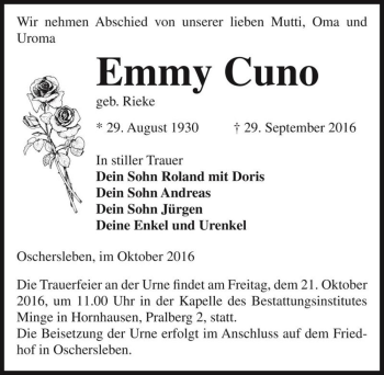 Traueranzeige von Emmy Cuno (geb. Rieke)  von Magdeburger Volksstimme