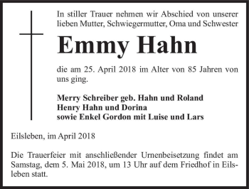 Traueranzeige von Emmy Hahn  von Magdeburger Volksstimme