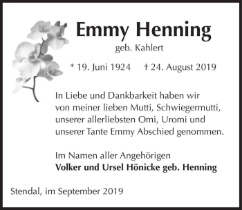 Traueranzeige von Emmy Henning (geb. Kahlert)  von Magdeburger Volksstimme