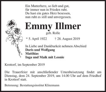 Traueranzeige von Emmy Illmer (geb. Rolle)  von Magdeburger Volksstimme