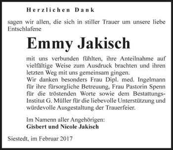 Traueranzeige von Emmy Jakisch  von Magdeburger Volksstimme