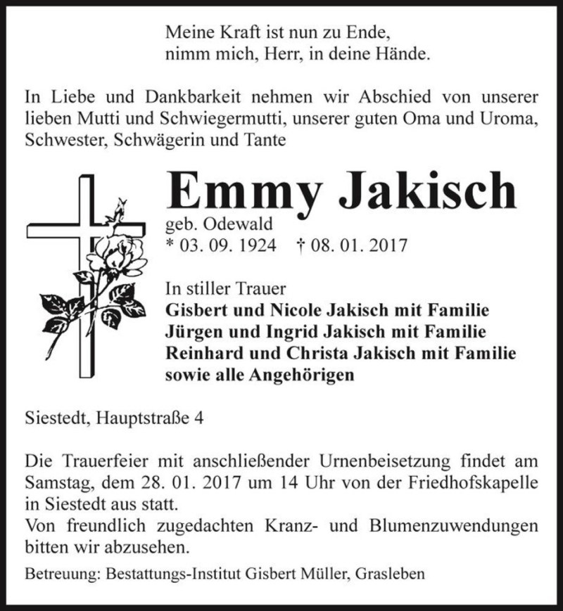  Traueranzeige für Emmy Jakisch (geb. Odewald)  vom 11.01.2017 aus Magdeburger Volksstimme