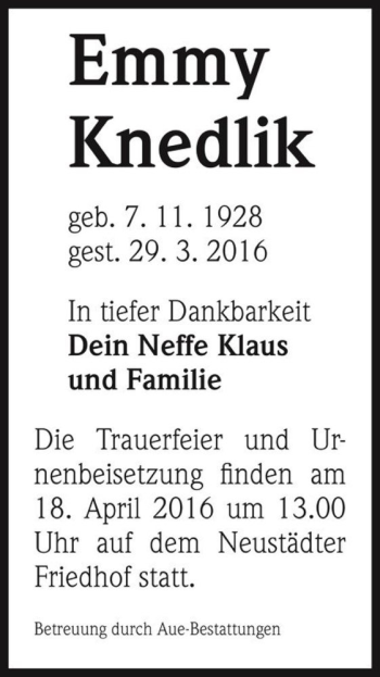 Traueranzeige von Emmy Knedlik  von Magdeburger Volksstimme