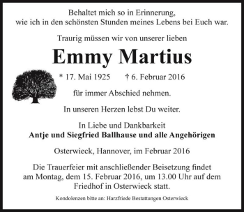 Traueranzeige von Emmy Martius  von Magdeburger Volksstimme