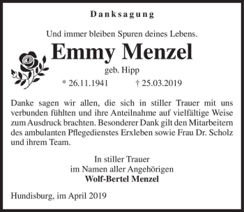 Traueranzeige von Emmy Menzel (geb. Hipp)  von Magdeburger Volksstimme