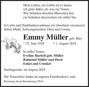 Traueranzeige von Emmy Müller (geb. Bley)  von Magdeburger Volksstimme