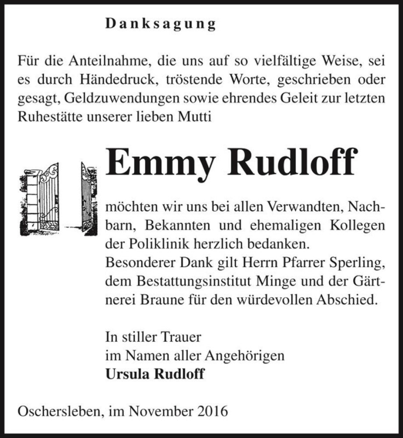  Traueranzeige für Emmy Rudloff  vom 26.11.2016 aus Magdeburger Volksstimme
