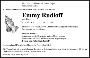 Traueranzeige von Emmy Rudloff (geb. Kurz)  von Magdeburger Volksstimme