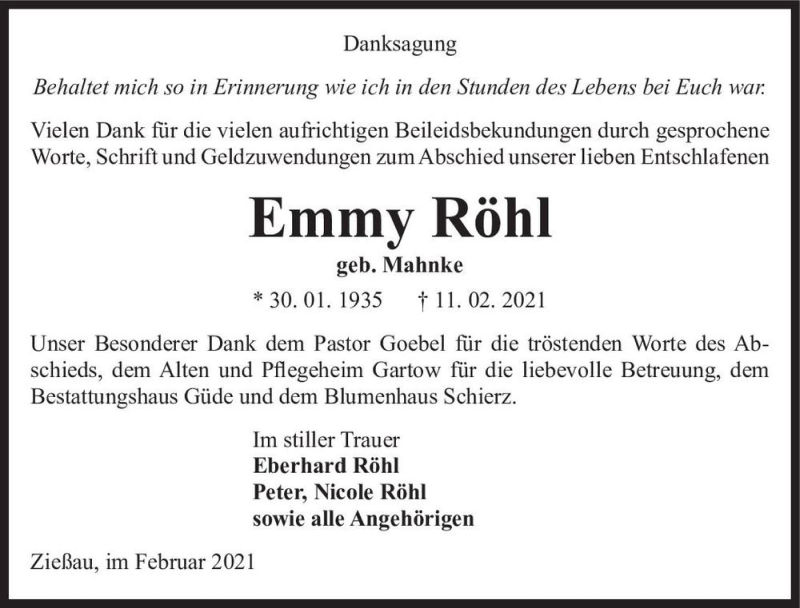  Traueranzeige für Emmy Röhl (geb. Mahnke)  vom 02.03.2021 aus Magdeburger Volksstimme