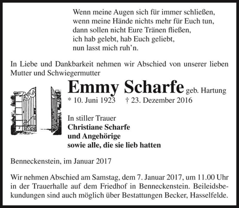  Traueranzeige für Emmy Scharfe (geb. Hartung)  vom 31.12.2016 aus Magdeburger Volksstimme