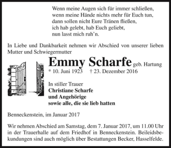 Traueranzeige von Emmy Scharfe (geb. Hartung)  von Magdeburger Volksstimme