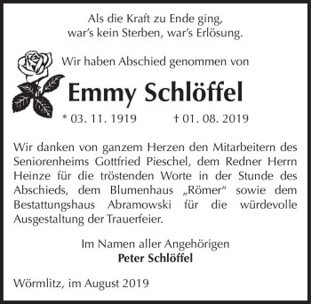 Traueranzeige von Emmy Schlöffel  von Magdeburger Volksstimme
