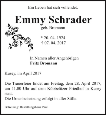 Traueranzeige von Emmy Schrader (geb. Bromann)  von Magdeburger Volksstimme