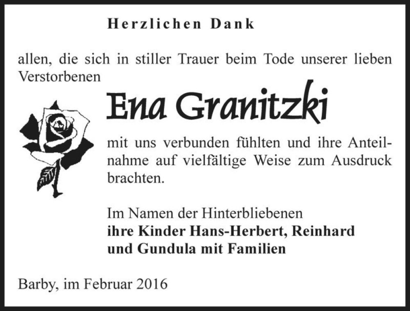  Traueranzeige für Ena Granitzki  vom 06.02.2016 aus Magdeburger Volksstimme